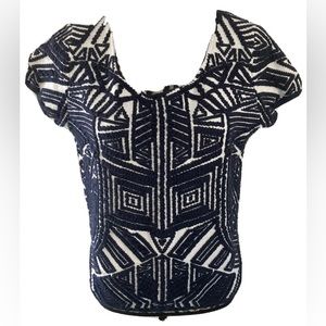 Anthropologie Moth Dahlia Jacquard Top Petite L Navy White Thick Woven Geometric